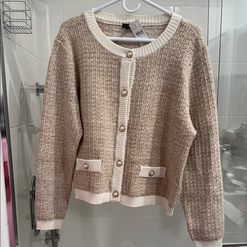 Ann Taylor Cream and Tan Textured Cardigan stretchy XL NWT